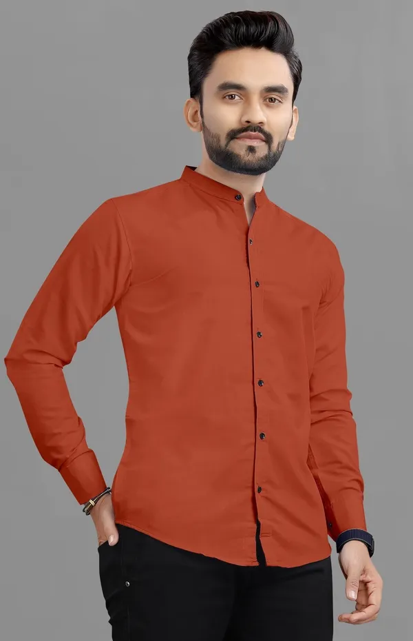Orange_Cotton_Blend_Regular_Fit_Full_Sleeve_Solid_Long_Shirt_For_Men