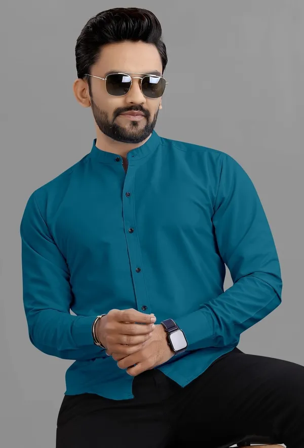 Blue_Cotton_Blend_Regular_Fit_Full_Sleeve_Solid_Long_Shirt_For_Men