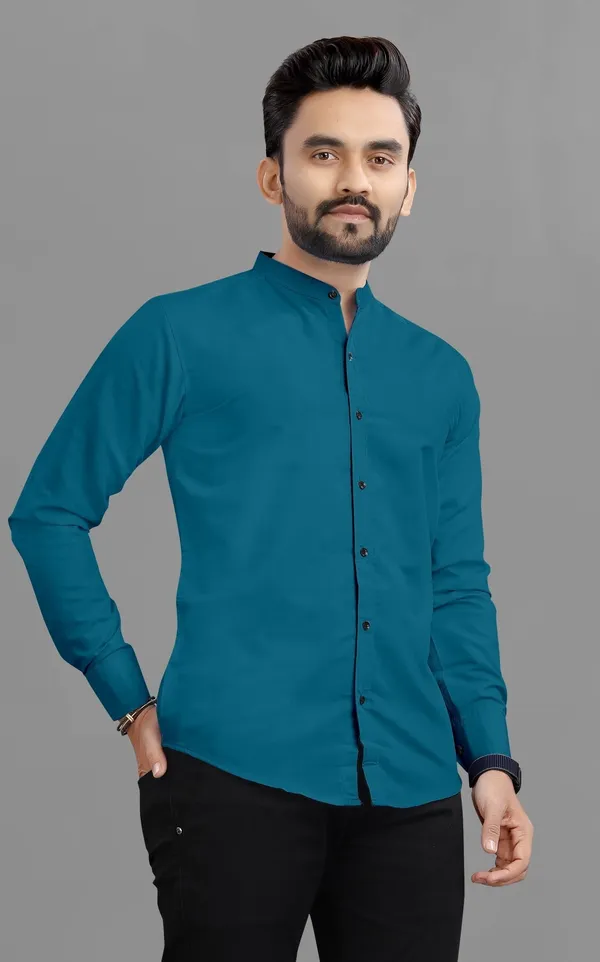 Blue_Cotton_Blend_Regular_Fit_Full_Sleeve_Solid_Long_Shirt_For_Men