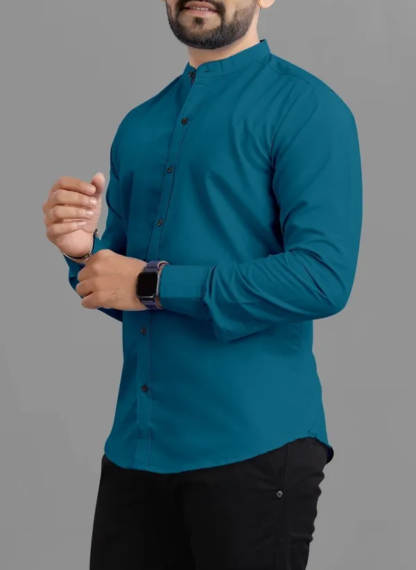 Blue_Cotton_Blend_Regular_Fit_Full_Sleeve_Solid_Long_Shirt_For_Men