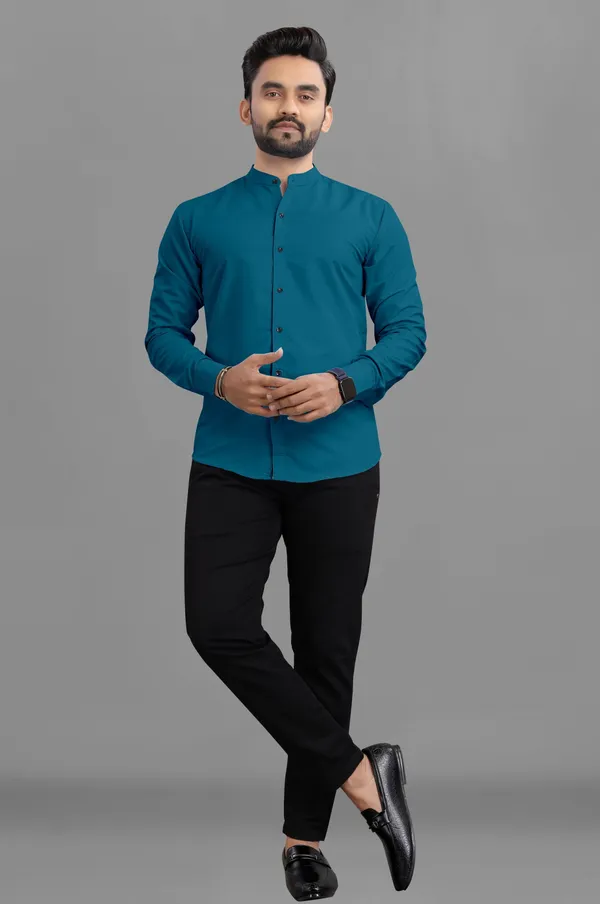 Blue_Cotton_Blend_Regular_Fit_Full_Sleeve_Solid_Long_Shirt_For_Men