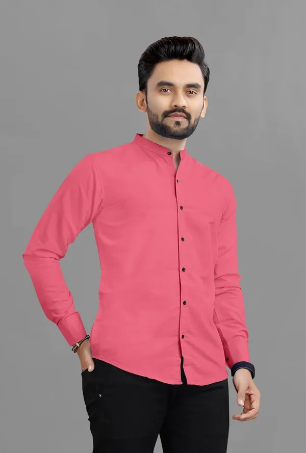 Pink_Cotton_Blend_Regular_Fit_Full_Sleeve_Solid_Long_Shirt_For_Men