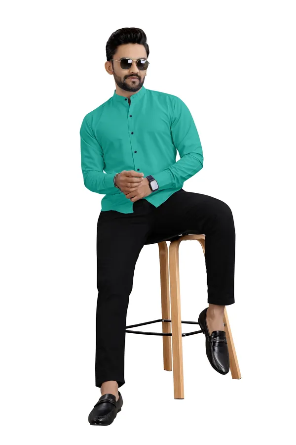Light_Green_Cotton_Blend_Regular_Fit_Full_Sleeve_Solid_Long_Shirt_For_Men