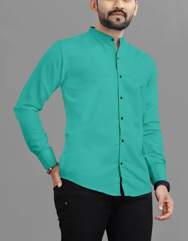 Light_Green_Cotton_Blend_Regular_Fit_Full_Sleeve_Solid_Long_Shirt_For_Men