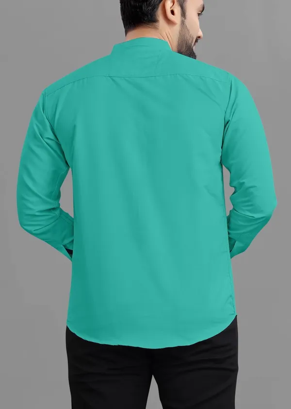 Light_Green_Cotton_Blend_Regular_Fit_Full_Sleeve_Solid_Long_Shirt_For_Men