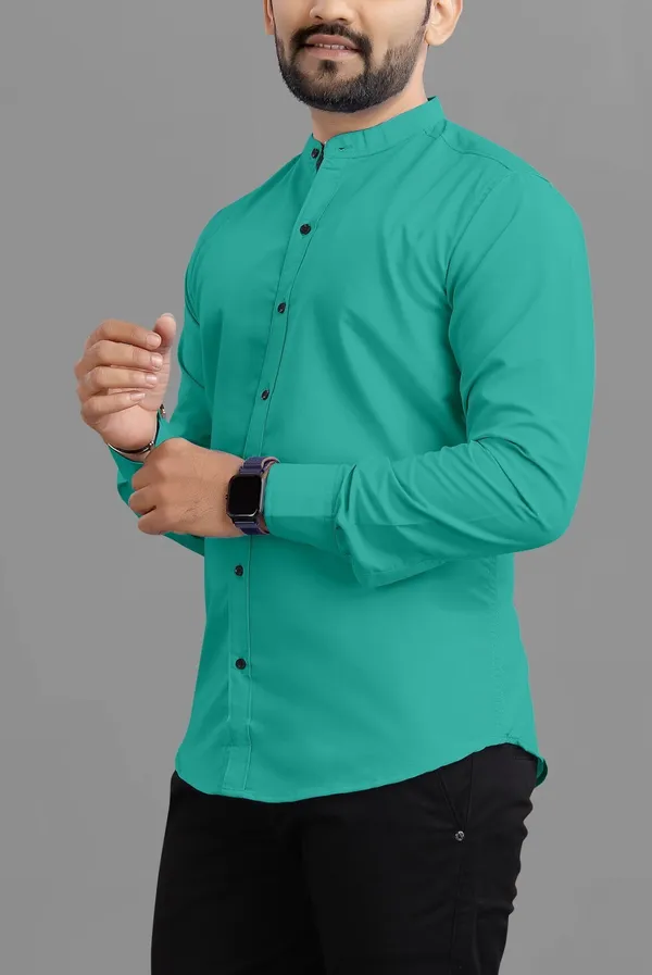 Light_Green_Cotton_Blend_Regular_Fit_Full_Sleeve_Solid_Long_Shirt_For_Men