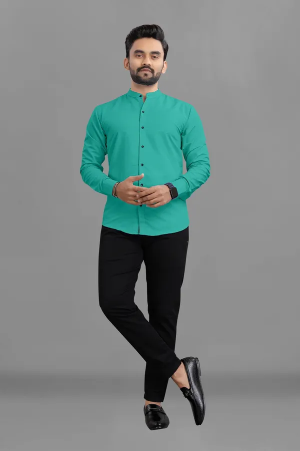Light_Green_Cotton_Blend_Regular_Fit_Full_Sleeve_Solid_Long_Shirt_For_Men