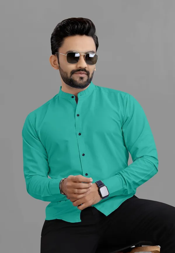 Light_Green_Cotton_Blend_Regular_Fit_Full_Sleeve_Solid_Long_Shirt_For_Men