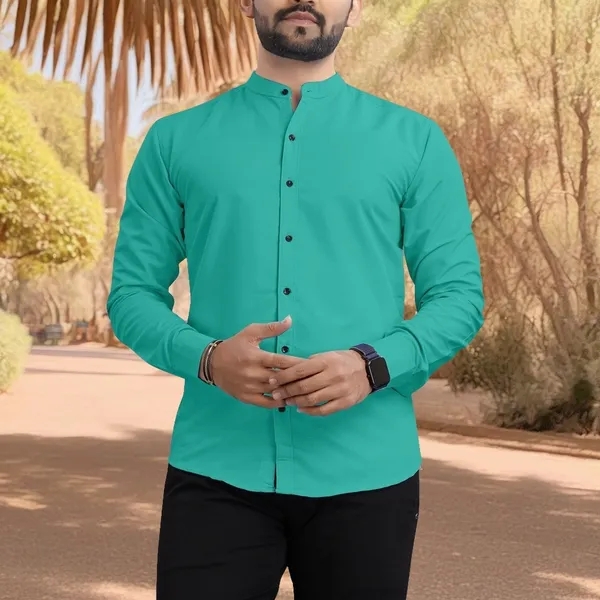 Light_Green_Cotton_Blend_Regular_Fit_Full_Sleeve_Solid_Long_Shirt_For_Men