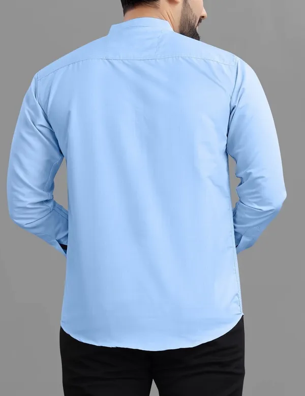 Light_Blue_Cotton_Blend_Regular_Fit_Full_Sleeve_Solid_Long_Shirt_For_Men