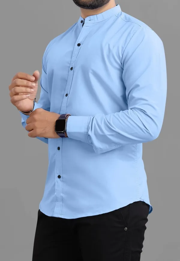 Light_Blue_Cotton_Blend_Regular_Fit_Full_Sleeve_Solid_Long_Shirt_For_Men