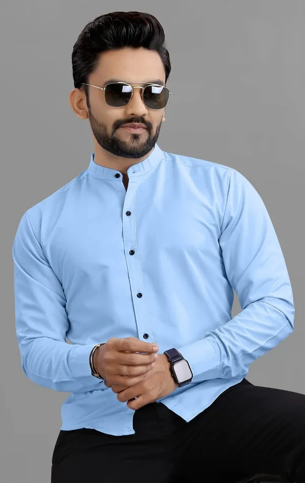Light_Blue_Cotton_Blend_Regular_Fit_Full_Sleeve_Solid_Long_Shirt_For_Men