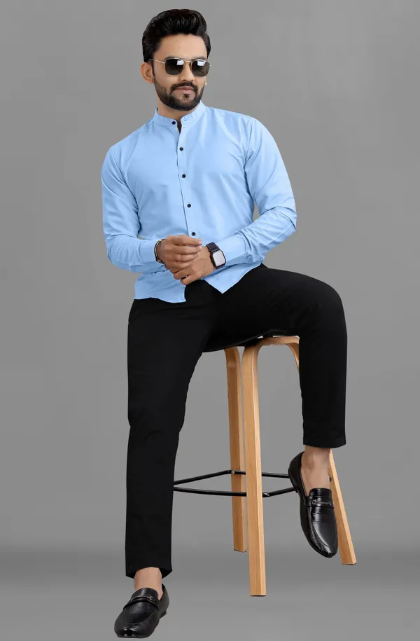 Light_Blue_Cotton_Blend_Regular_Fit_Full_Sleeve_Solid_Long_Shirt_For_Men