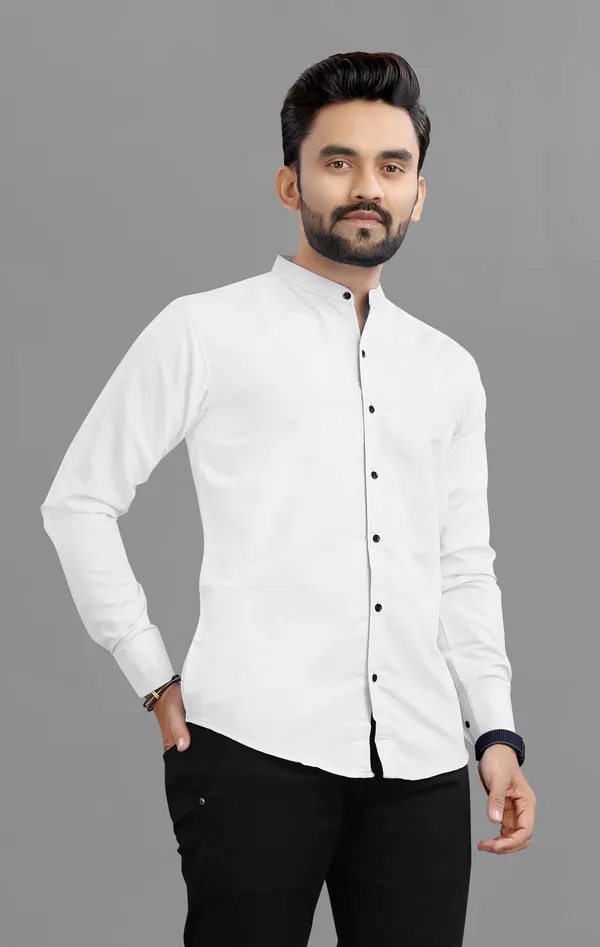 White_Cotton_Blend_Regular_Fit_Full_Sleeve_Solid_Long_Shirt_For_Men