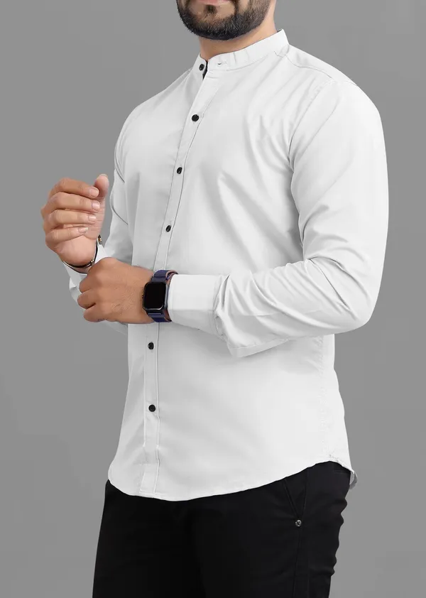 White_Cotton_Blend_Regular_Fit_Full_Sleeve_Solid_Long_Shirt_For_Men