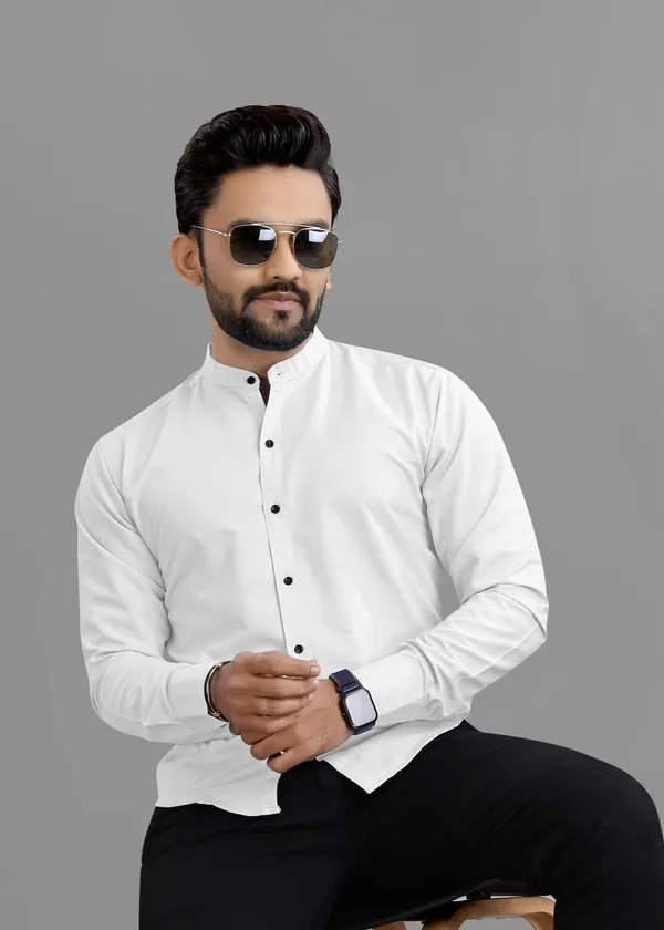 White_Cotton_Blend_Regular_Fit_Full_Sleeve_Solid_Long_Shirt_For_Men