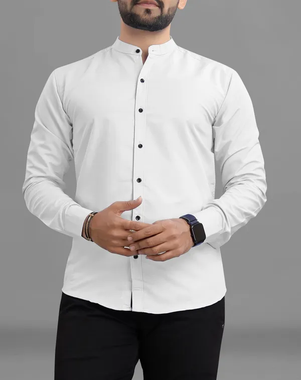 White_Cotton_Blend_Regular_Fit_Full_Sleeve_Solid_Long_Shirt_For_Men