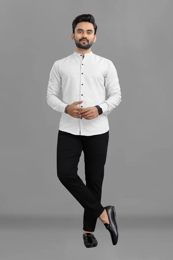 White_Cotton_Blend_Regular_Fit_Full_Sleeve_Solid_Long_Shirt_For_Men
