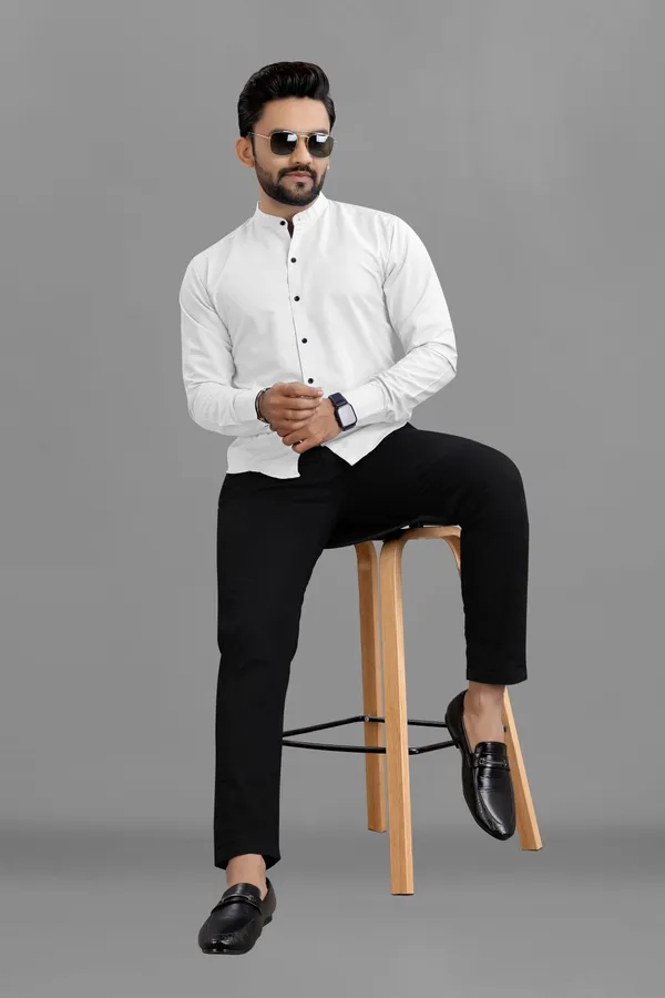 White_Cotton_Blend_Regular_Fit_Full_Sleeve_Solid_Long_Shirt_For_Men
