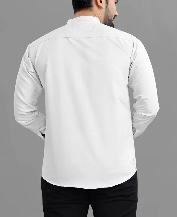 White_Cotton_Blend_Regular_Fit_Full_Sleeve_Solid_Long_Shirt_For_Men
