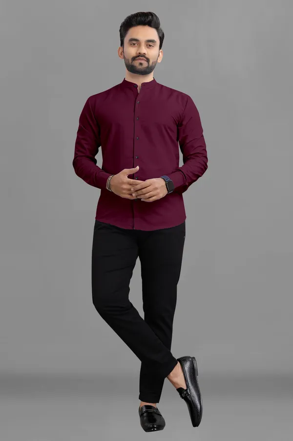 Maroon_Cotton_Blend_Regular_Fit_Full_Sleeve_Solid_Long_Shirt_For_Men