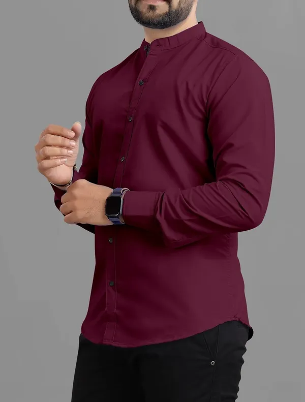 Maroon_Cotton_Blend_Regular_Fit_Full_Sleeve_Solid_Long_Shirt_For_Men