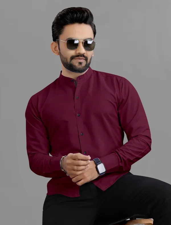 Maroon_Cotton_Blend_Regular_Fit_Full_Sleeve_Solid_Long_Shirt_For_Men