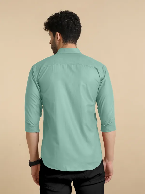 Aqua_Green_Cotton_Blend_Regular_Fit_Full_Sleeve_Solid_Long_Shirt_For_Men