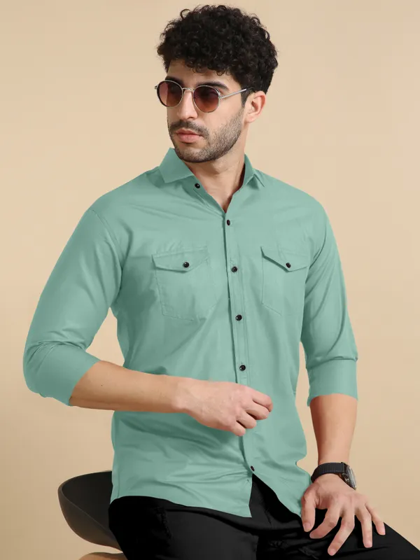 Aqua_Green_Cotton_Blend_Regular_Fit_Full_Sleeve_Solid_Long_Shirt_For_Men