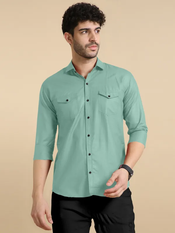 Aqua_Green_Cotton_Blend_Regular_Fit_Full_Sleeve_Solid_Long_Shirt_For_Men