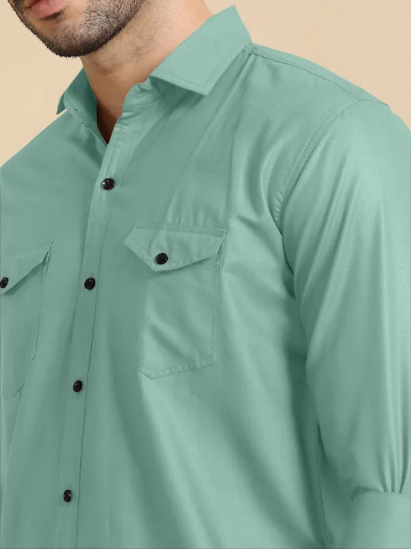 Aqua_Green_Cotton_Blend_Regular_Fit_Full_Sleeve_Solid_Long_Shirt_For_Men