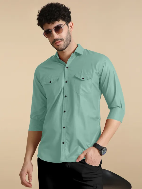 Aqua_Green_Cotton_Blend_Regular_Fit_Full_Sleeve_Solid_Long_Shirt_For_Men