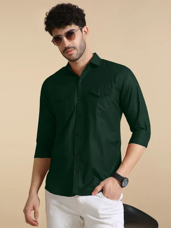 Dark_Green_Cotton_Blend_Regular_Fit_Full_Sleeve_Solid_Long_Shirt_For_Men