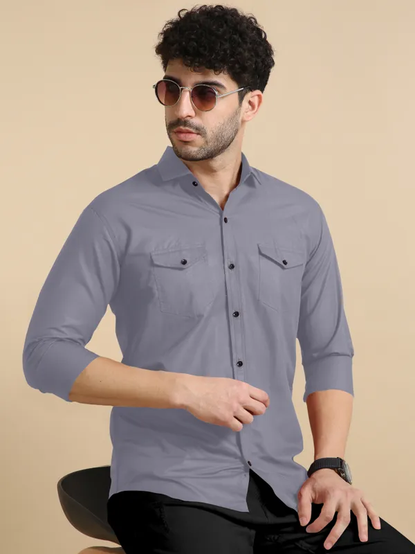 Grey_Cotton_Blend_Regular_Fit_Full_Sleeve_Solid_Long_Shirt_For_Men