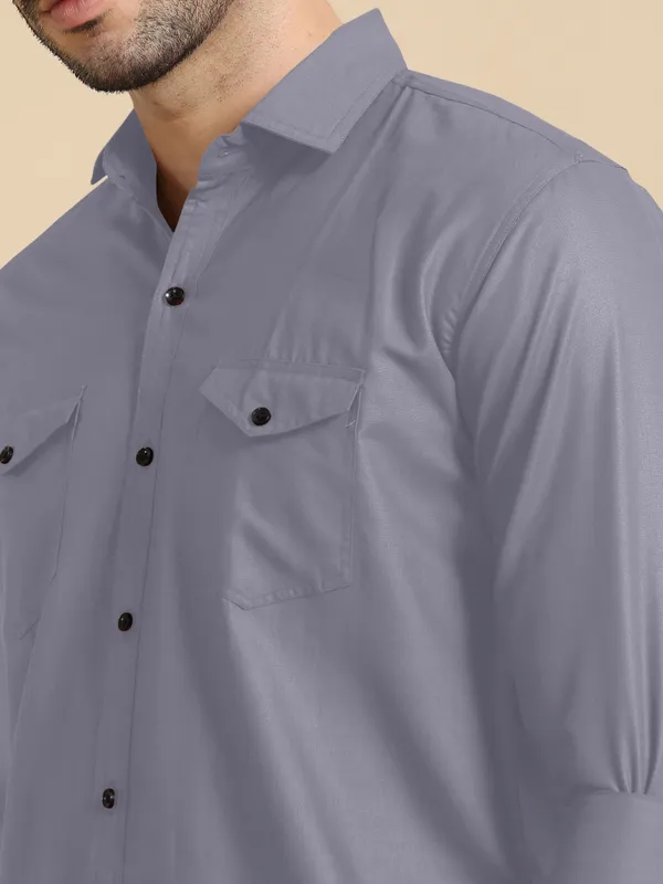Grey_Cotton_Blend_Regular_Fit_Full_Sleeve_Solid_Long_Shirt_For_Men