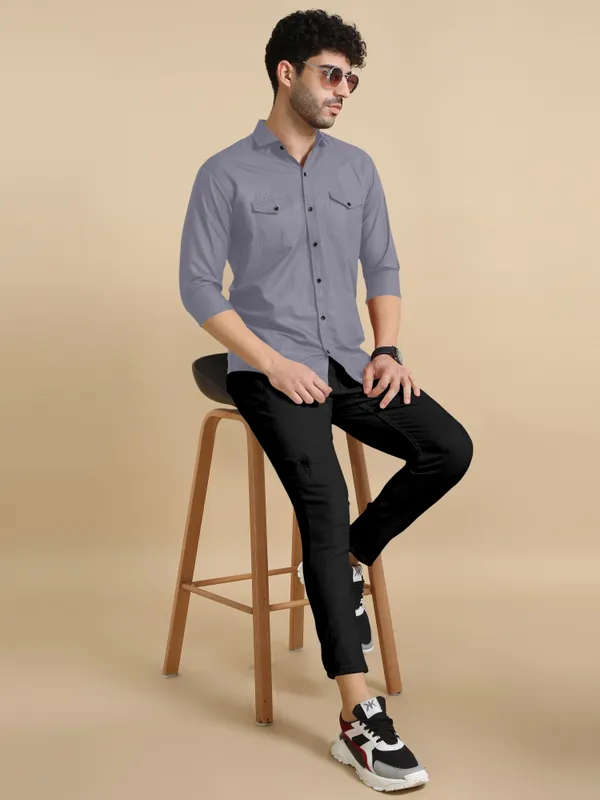 Grey_Cotton_Blend_Regular_Fit_Full_Sleeve_Solid_Long_Shirt_For_Men