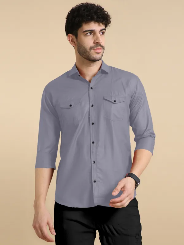 Grey_Cotton_Blend_Regular_Fit_Full_Sleeve_Solid_Long_Shirt_For_Men