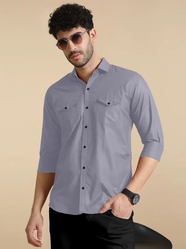 Grey_Cotton_Blend_Regular_Fit_Full_Sleeve_Solid_Long_Shirt_For_Men