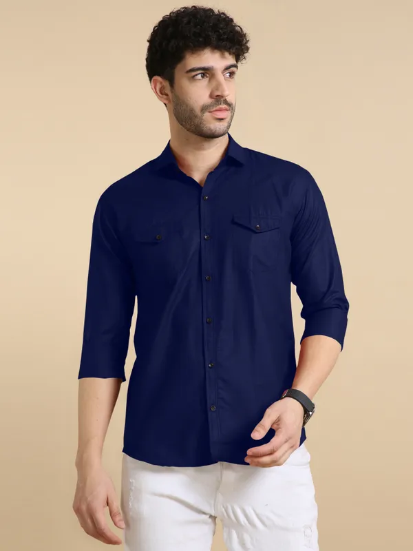 Dark_Blue_Cotton_Blend_Regular_Fit_Full_Sleeve_Solid_Long_Shirt_For_Men