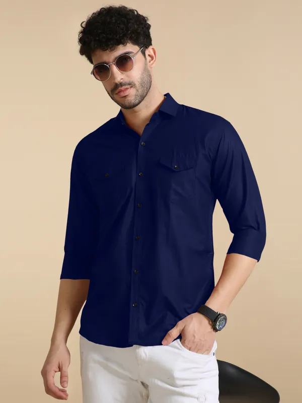 Dark_Blue_Cotton_Blend_Regular_Fit_Full_Sleeve_Solid_Long_Shirt_For_Men