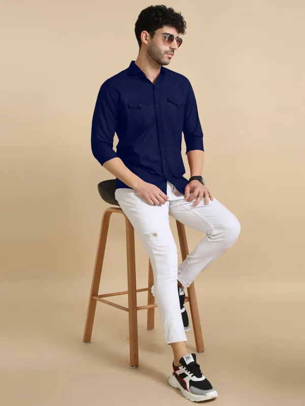 Dark_Blue_Cotton_Blend_Regular_Fit_Full_Sleeve_Solid_Long_Shirt_For_Men