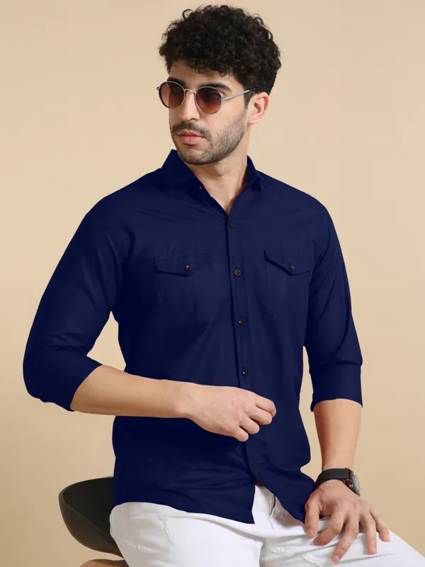 Dark_Blue_Cotton_Blend_Regular_Fit_Full_Sleeve_Solid_Long_Shirt_For_Men