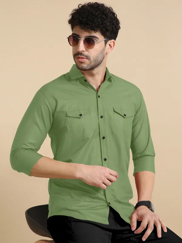 Olive_Green_Cotton_Blend_Regular_Fit_Full_Sleeve_Solid_Long_Shirt_For_Men