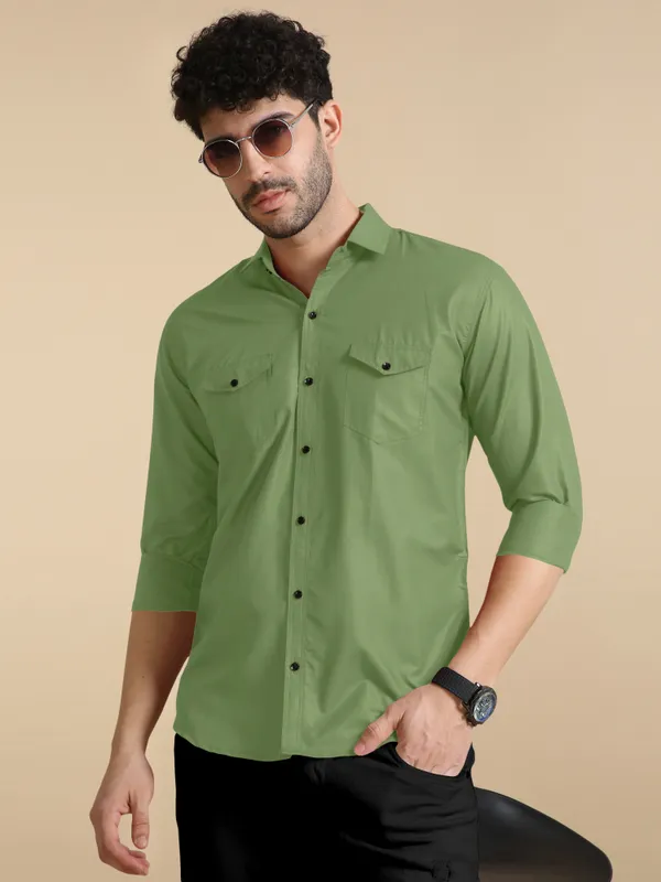 Olive_Green_Cotton_Blend_Regular_Fit_Full_Sleeve_Solid_Long_Shirt_For_Men