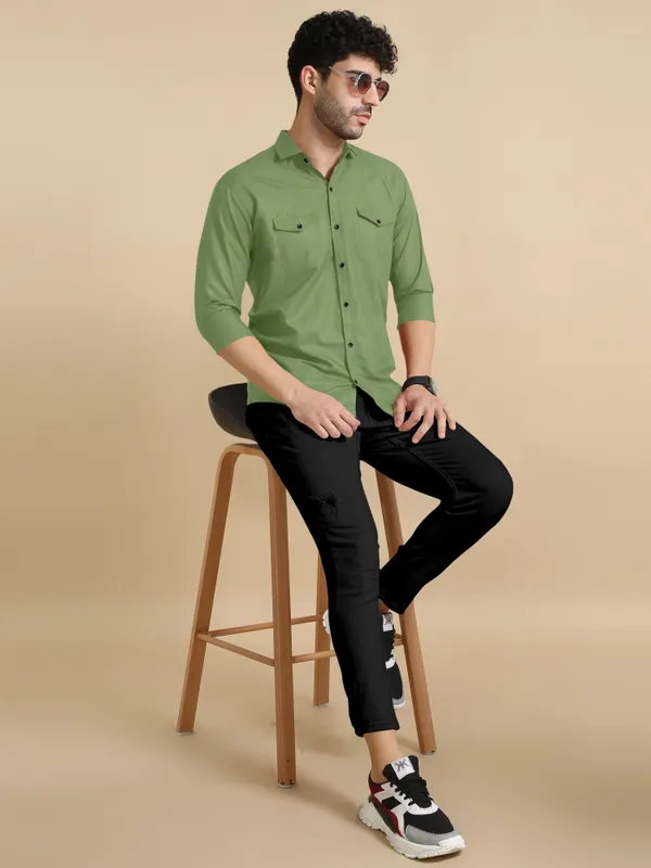 Olive_Green_Cotton_Blend_Regular_Fit_Full_Sleeve_Solid_Long_Shirt_For_Men