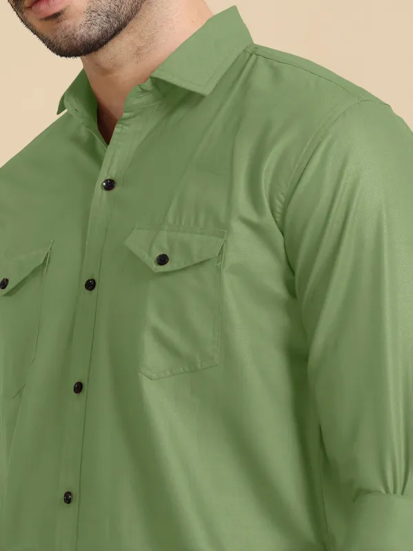 Olive_Green_Cotton_Blend_Regular_Fit_Full_Sleeve_Solid_Long_Shirt_For_Men