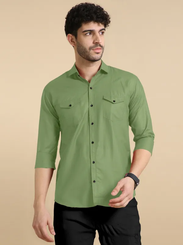 Olive_Green_Cotton_Blend_Regular_Fit_Full_Sleeve_Solid_Long_Shirt_For_Men