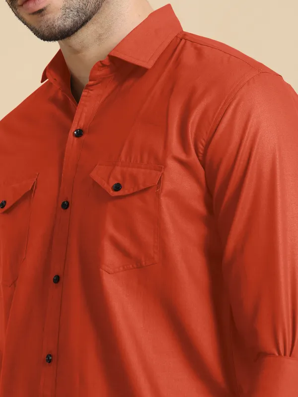 Orange_Cotton_Blend_Regular_Fit_Full_Sleeve_Solid_Long_Shirt_For_Men