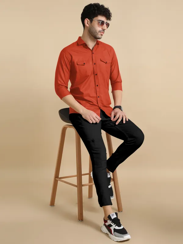 Orange_Cotton_Blend_Regular_Fit_Full_Sleeve_Solid_Long_Shirt_For_Men