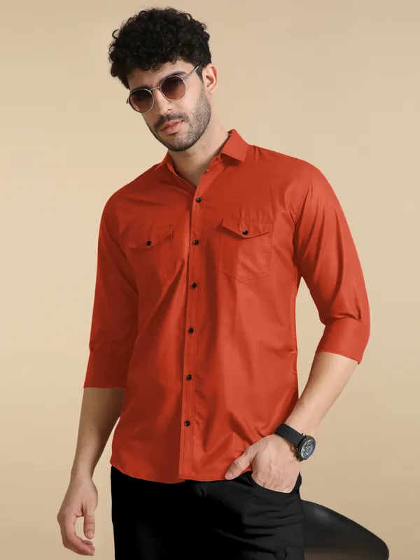 Orange_Cotton_Blend_Regular_Fit_Full_Sleeve_Solid_Long_Shirt_For_Men